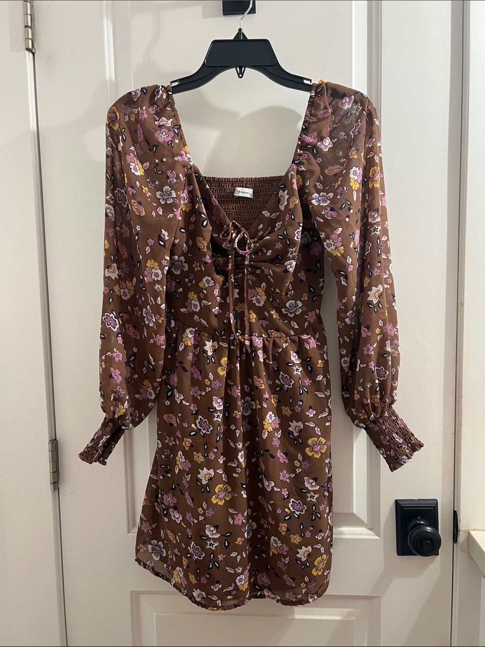 Hollister Brown Floral Tie-Front Mini Dress with Pink & Yellow Blooms